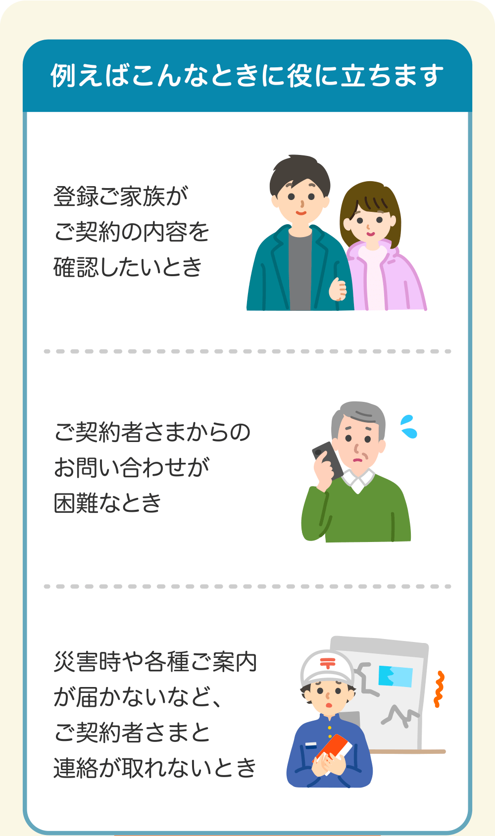 例えばこんなときに役に立ちます 登録ご家族がご契約の内容を確認したいとき ご契約者さまからのお問い合わせが困難なとき 災害時や各種ご案内が届かないなど、ご契約者さまと連絡が取れないとき